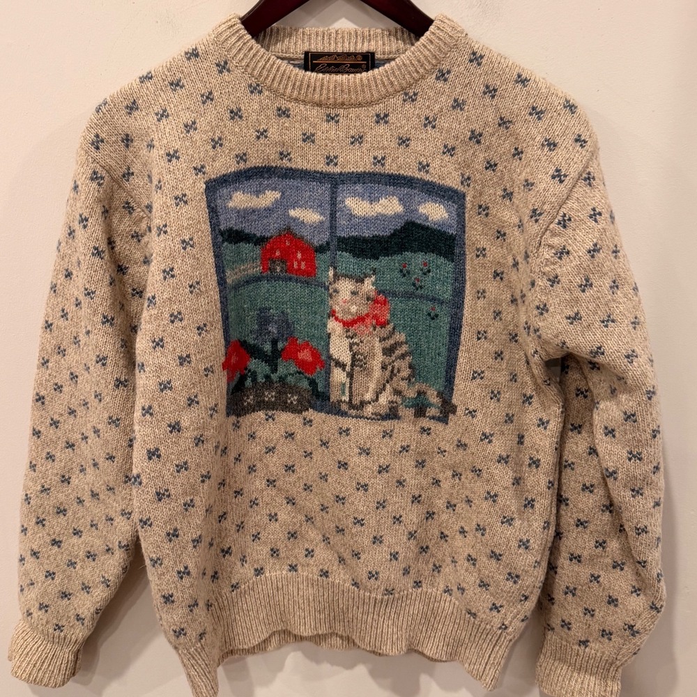Vintage Eddie Bauer Cat Window Scene Wool Blend Sweater Beige Blue Womens Medium